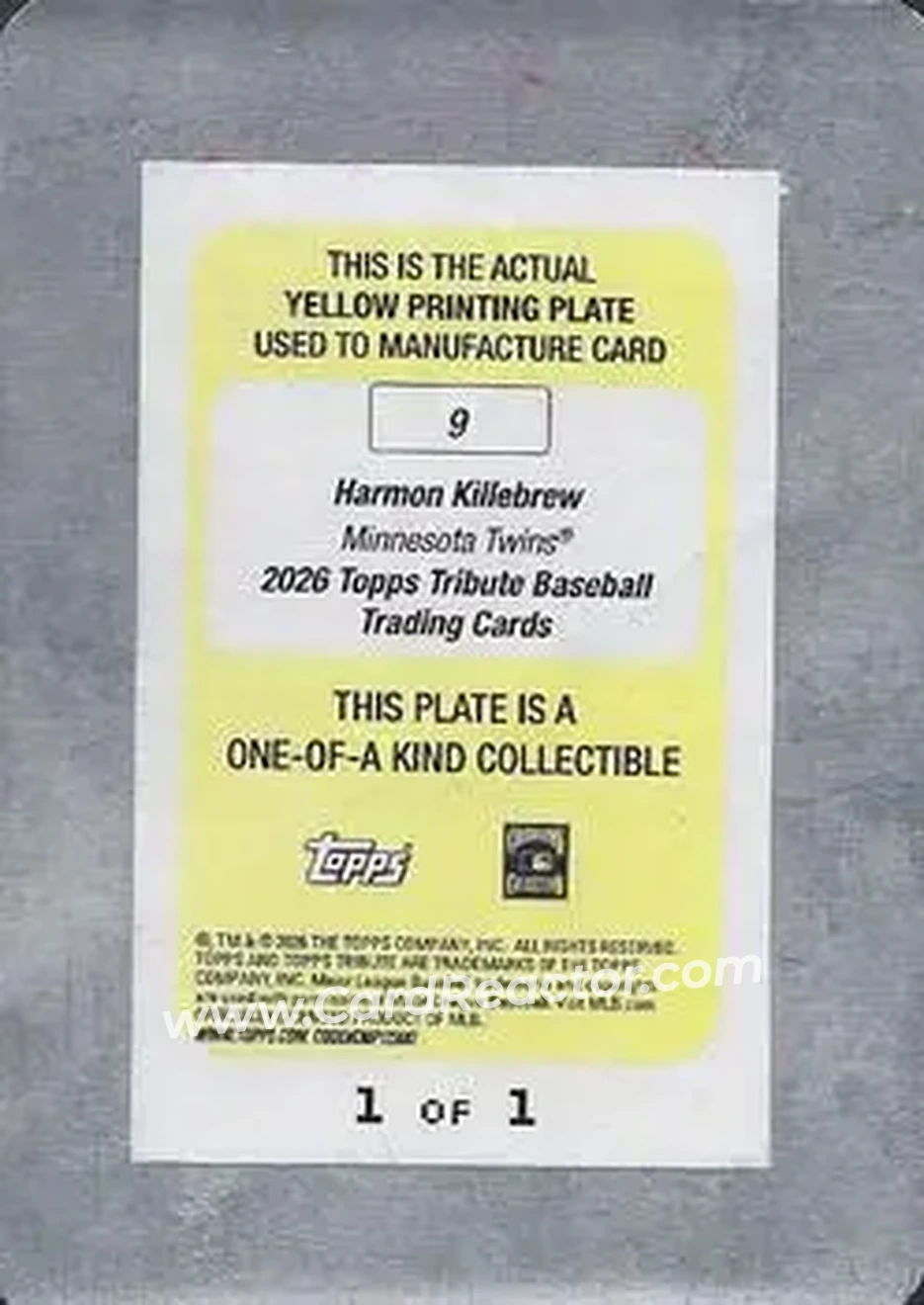 2026 Topps Tribute - Printing Plate Yellow #9 - Harmon Killebrew - Minnesota Twins - Back 2026 Topps Tribute - Printing Plate Yellow #9 - Harmon Killebrew - Minnesota Twins - Back