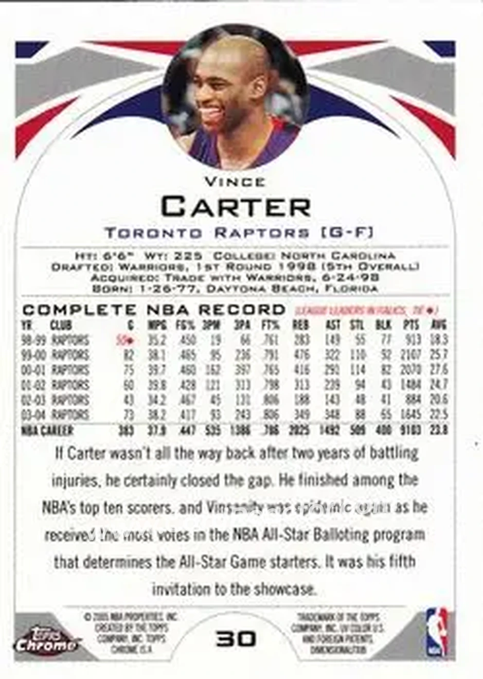 2004-05 Topps Chrome #30 - Vince Carter - Toronto Raptors - Back