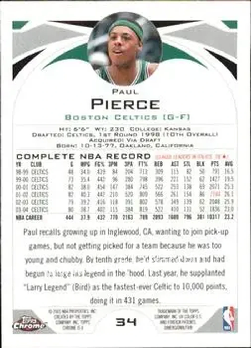 2004-05 Topps Chrome #34 - Paul Pierce - Boston Celtics - Back