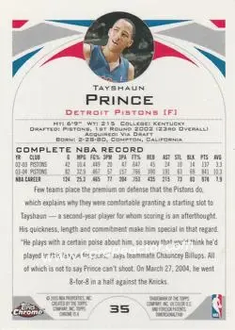 2004-05 Topps Chrome #35 - Tayshaun Prince - Detroit Pistons - Back