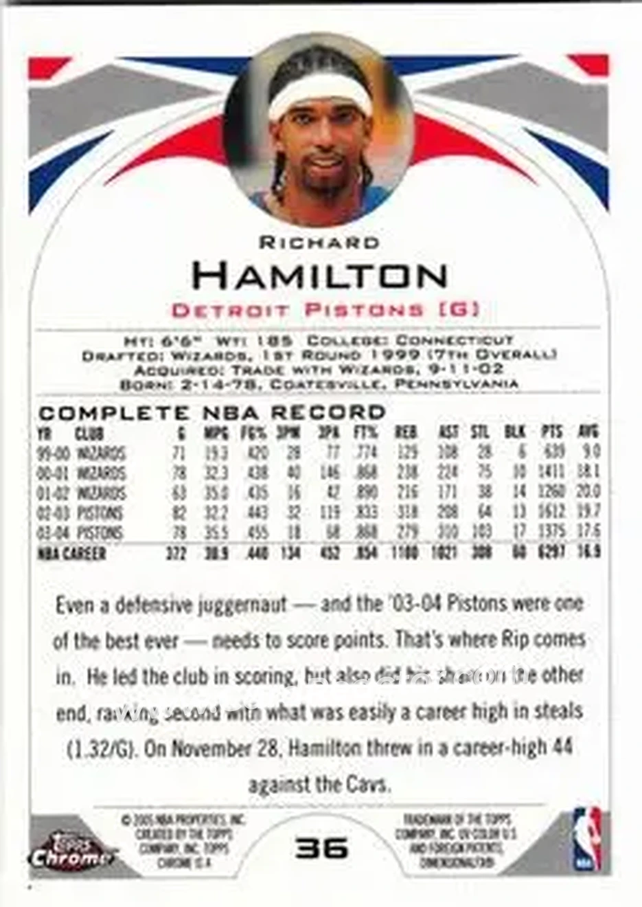 2004-05 Topps Chrome #36 - Rip Hamilton - Detroit Pistons - Back