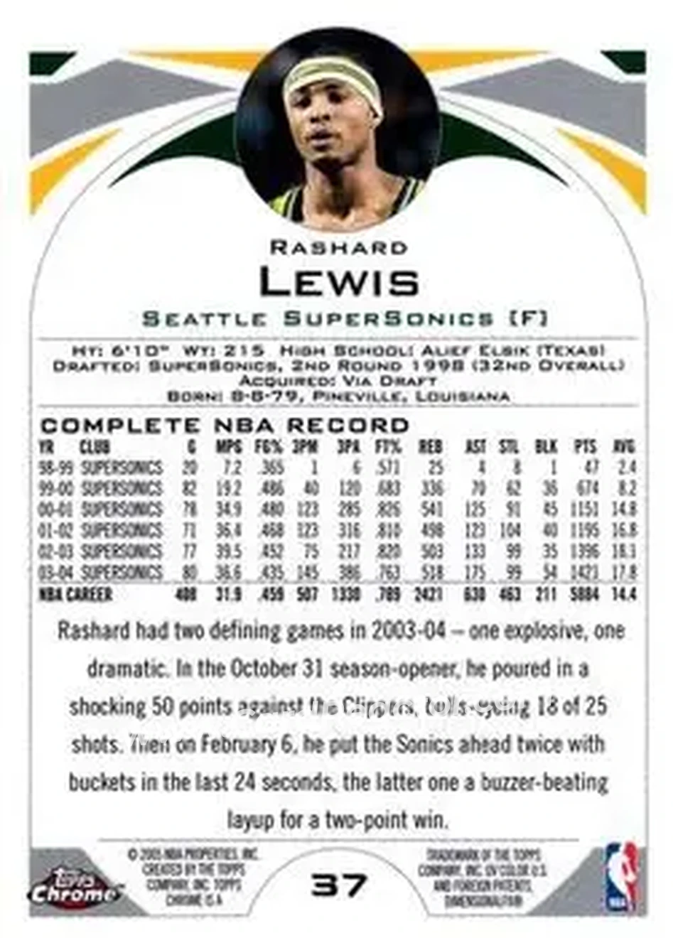 2004-05 Topps Chrome #37 - Rashard Lewis - Seattle SuperSonics - Back 2004-05 Topps Chrome #37 - Rashard Lewis - Seattle SuperSonics - Back