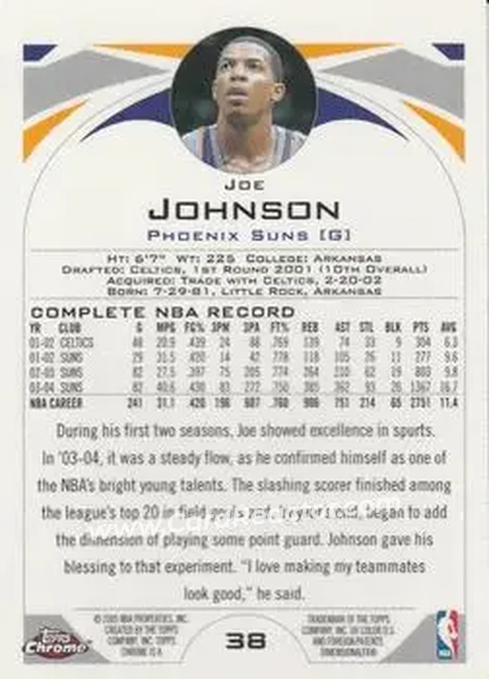 2004-05 Topps Chrome #38 - Joe Johnson - Phoenix Suns - Back