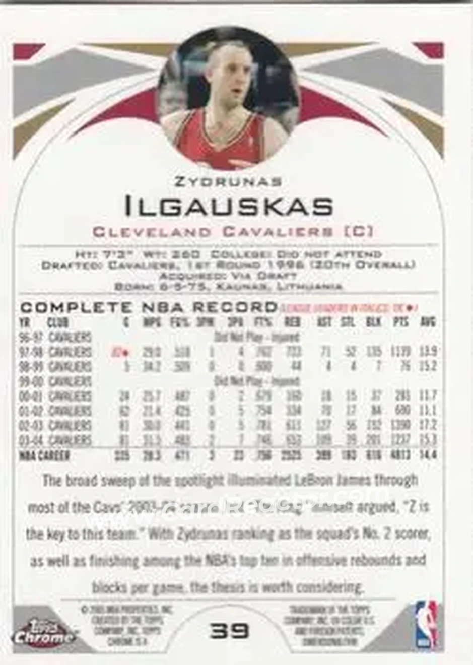 2004-05 Topps Chrome #39 - Zydrunas Ilgauskas - Cleveland Cavaliers - Back