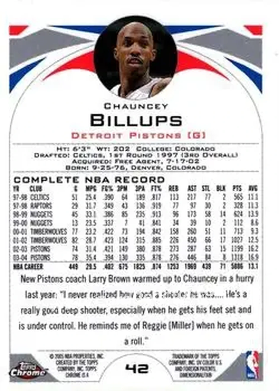 2004-05 Topps Chrome #42 - Chauncey Billups - Detroit Pistons - Back 2004-05 Topps Chrome #42 - Chauncey Billups - Detroit Pistons - Back