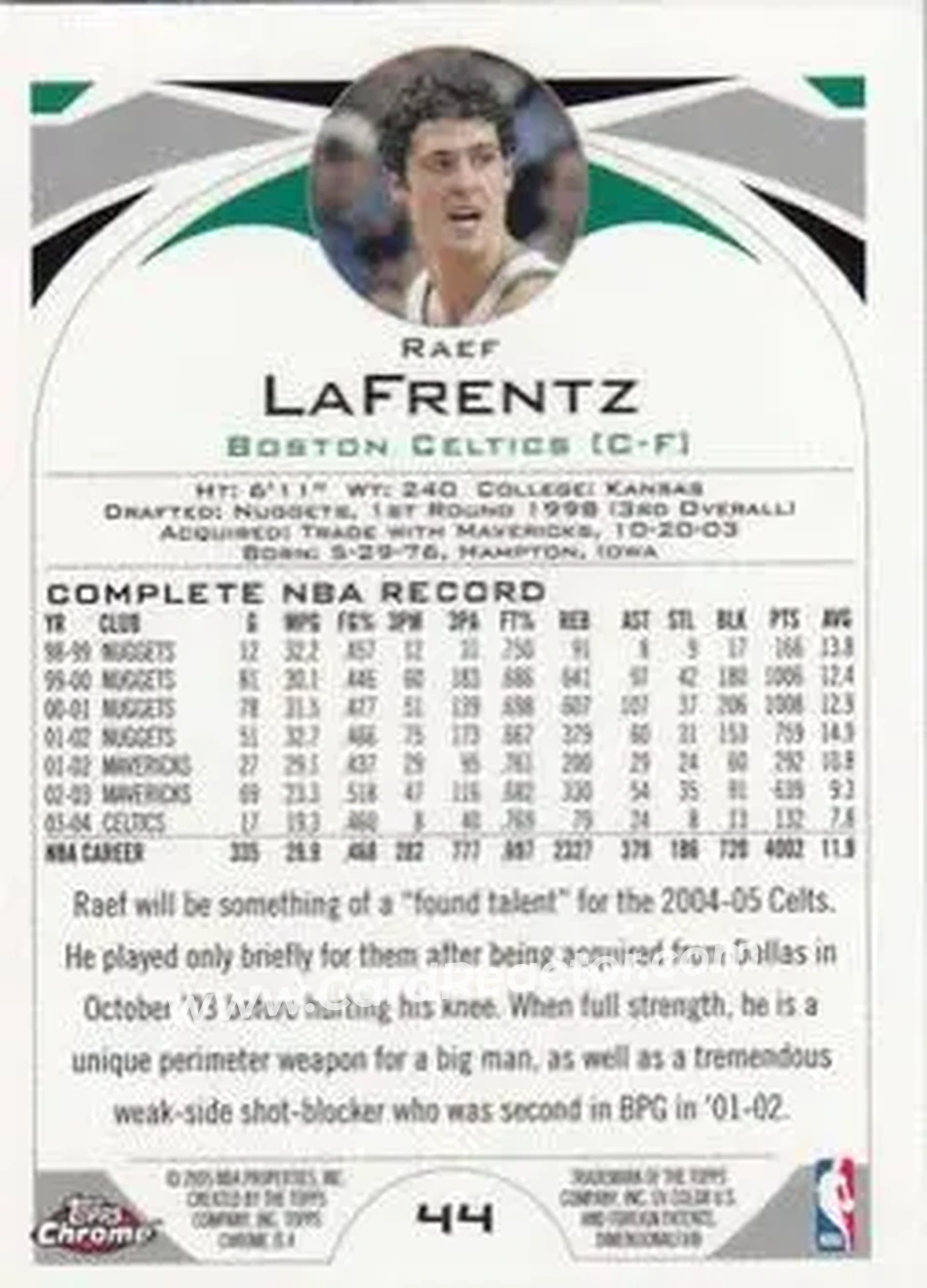 2004-05 Topps Chrome #44 - Raef LaFrentz - Boston Celtics - Back