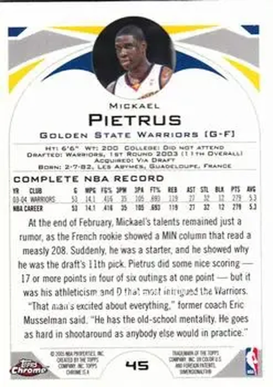 2004-05 Topps Chrome #45 - Mickaël Piétrus - Golden State Warriors - Back