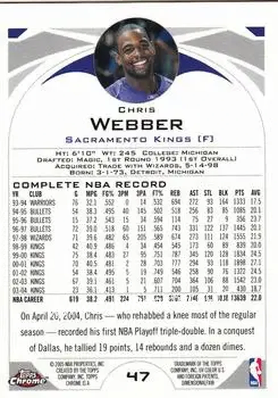 2004-05 Topps Chrome #47 - Chris Webber - Sacramento Kings - Back