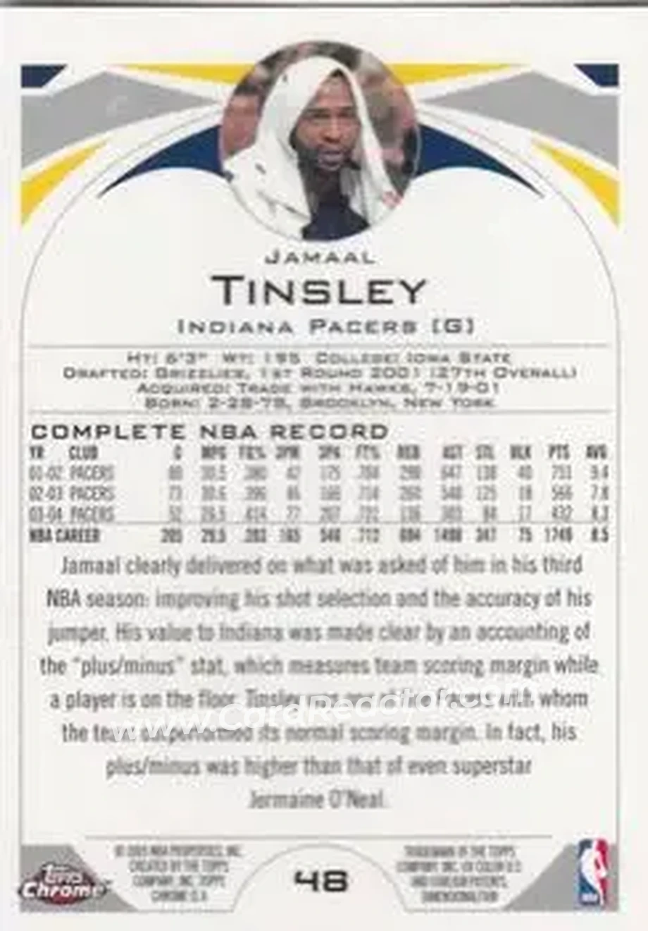 2004-05 Topps Chrome #48 - Jamaal Tinsley - Indiana Pacers - Back