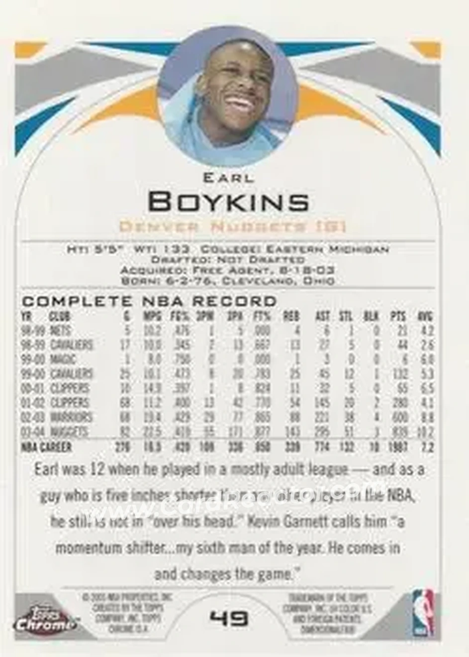 2004-05 Topps Chrome #49 - Earl Boykins - Denver Nuggets - Back