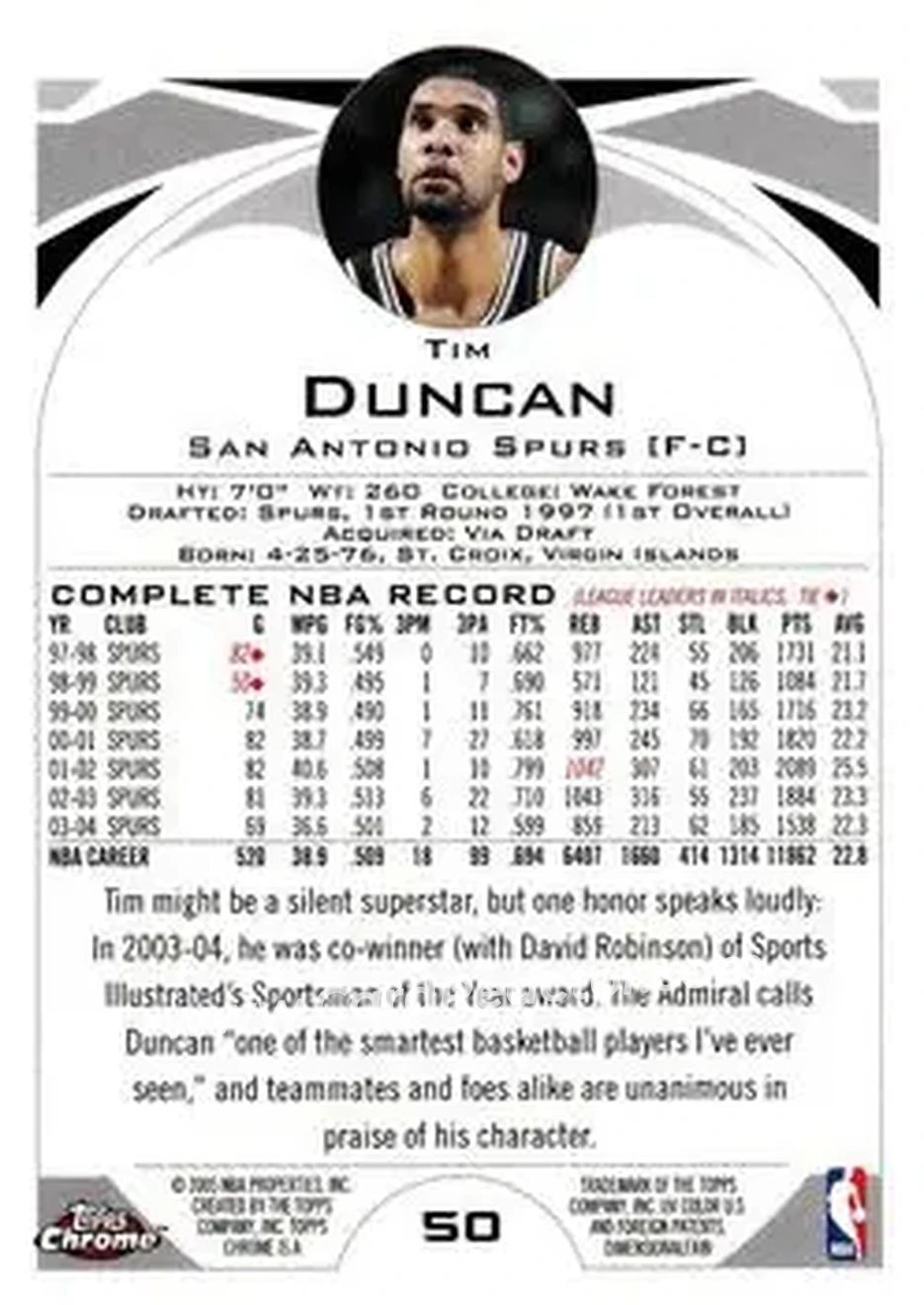 2004-05 Topps Chrome #50 - Tim Duncan - San Antonio Spurs - Back