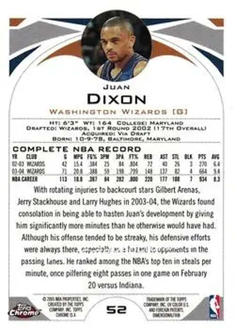 2004-05 Topps Chrome #52 - Juan Dixon - Washington Wizards - Back