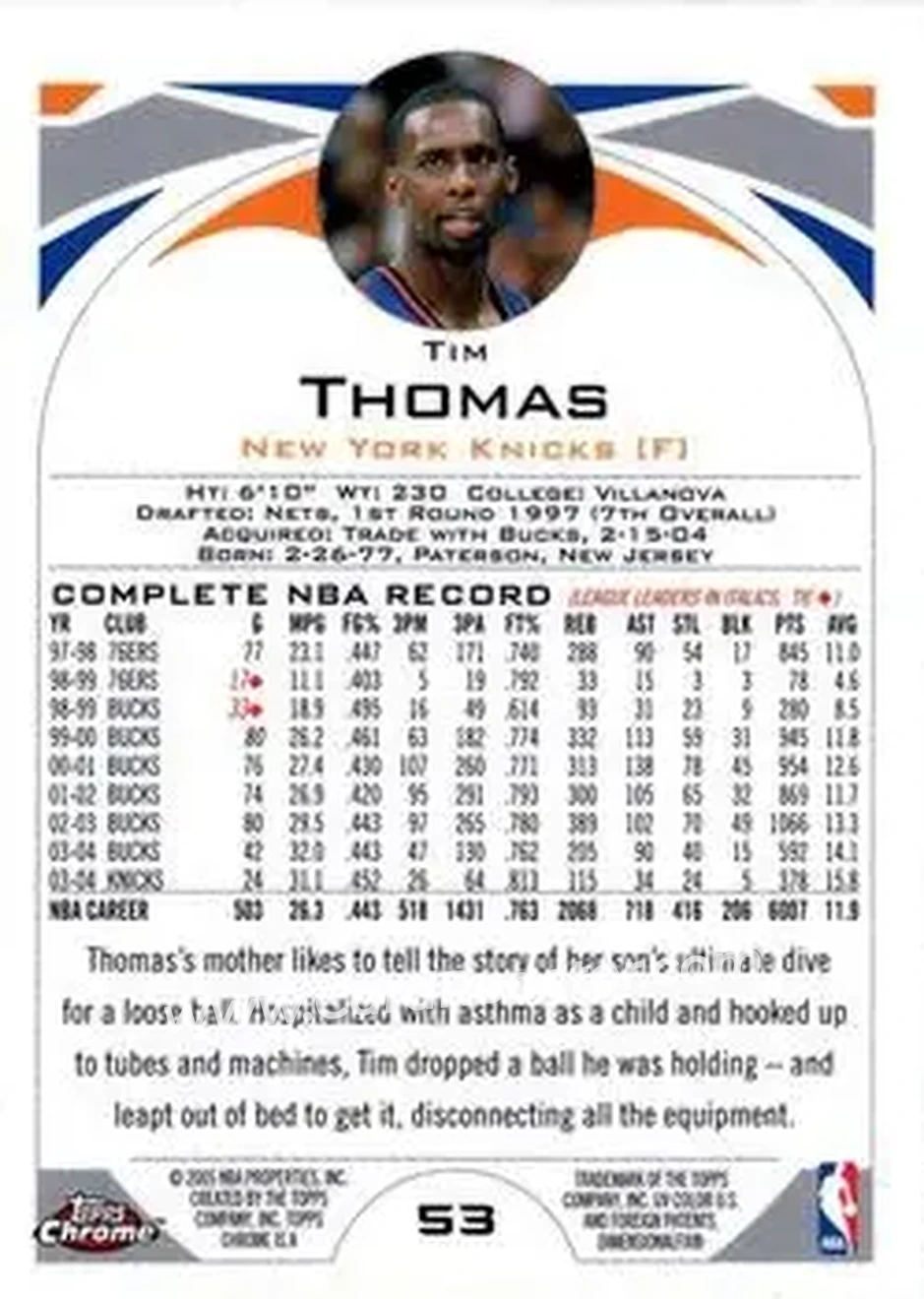 2004-05 Topps Chrome #53 - Tim Thomas - New York Knicks - Back
