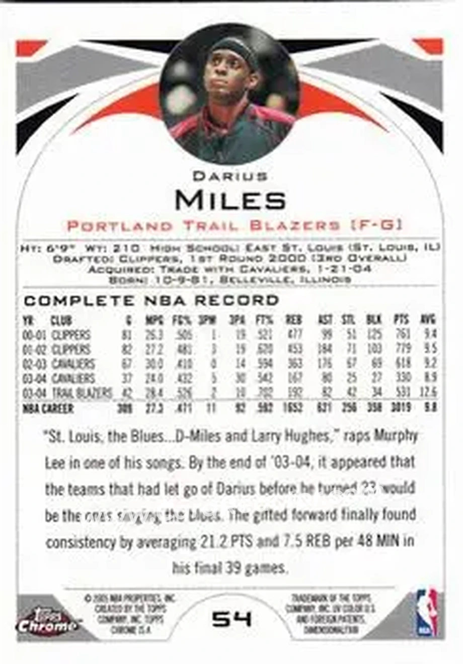 2004-05 Topps Chrome #54 - Darius Miles - Portland Trail Blazers - Back 2004-05 Topps Chrome #54 - Darius Miles - Portland Trail Blazers - Back