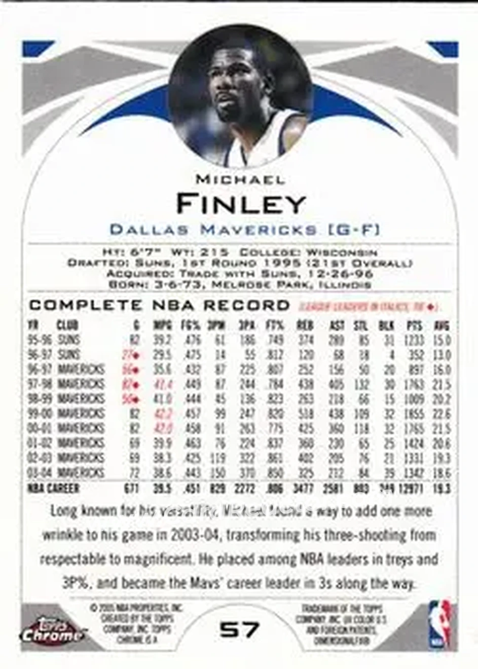 2004-05 Topps Chrome #57 - Michael Finley - Dallas Mavericks - Back