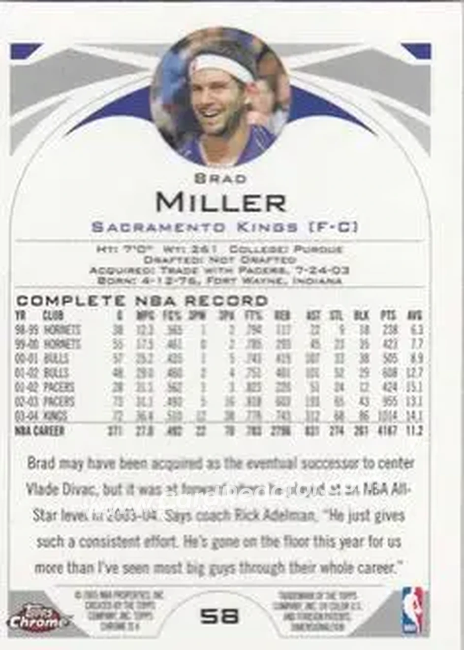 2004-05 Topps Chrome #58 - Brad Miller - Sacramento Kings - Back