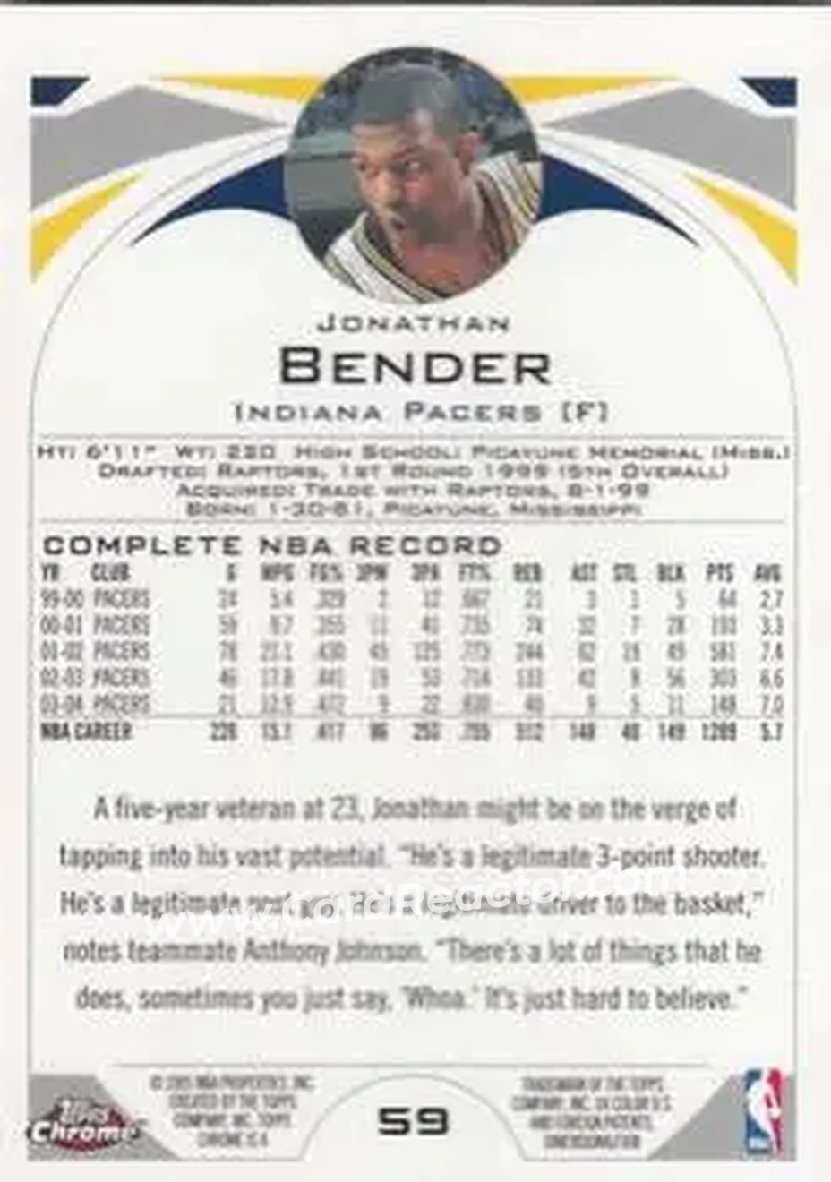 2004-05 Topps Chrome #59 - Jonathan Bender - Indiana Pacers - Back