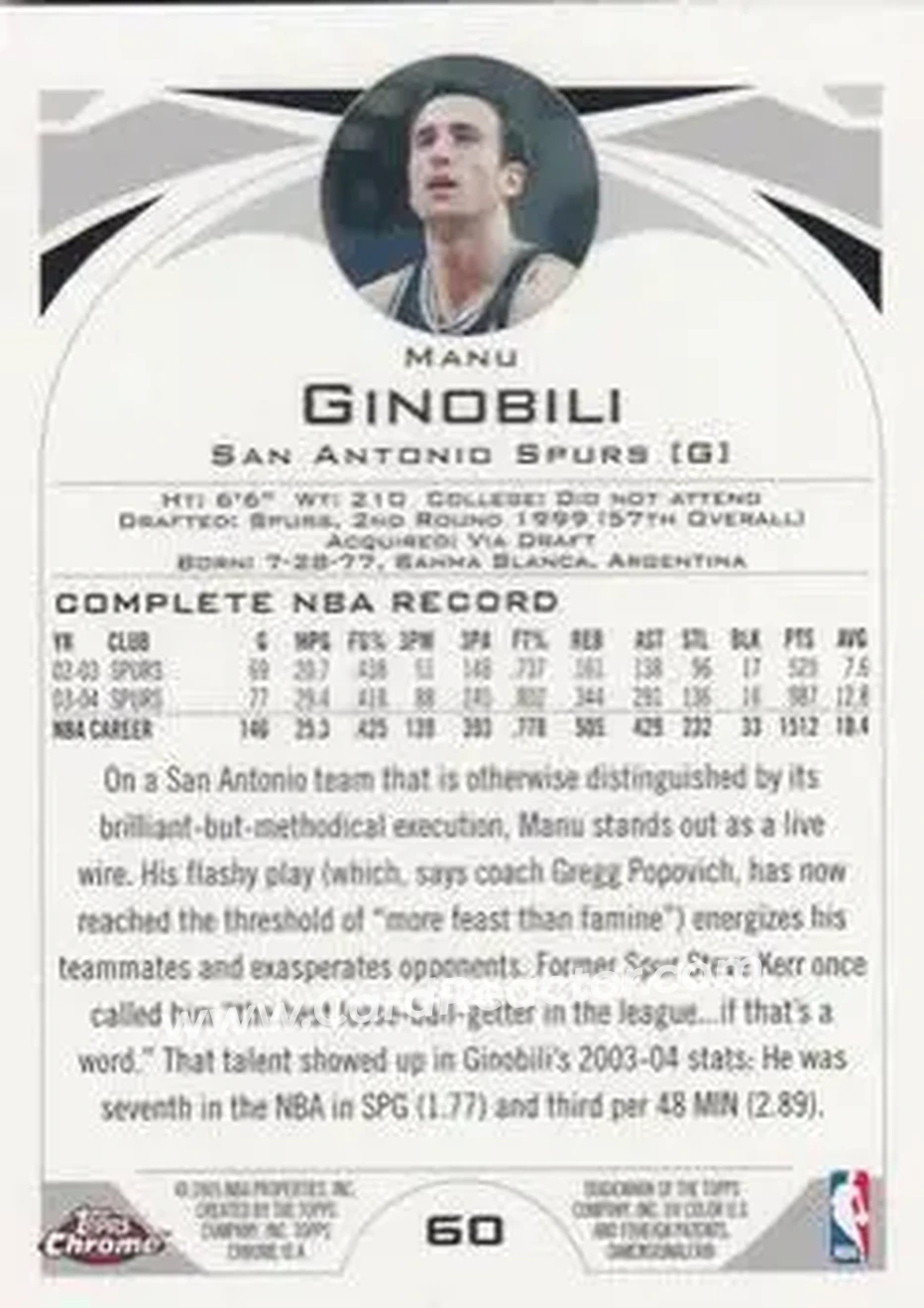 2004-05 Topps Chrome #60 - Manu Ginóbili - San Antonio Spurs - Back