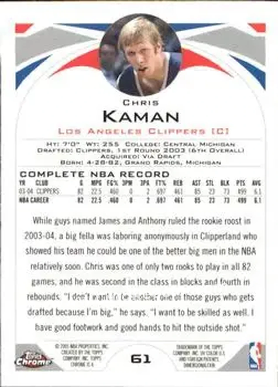 2004-05 Topps Chrome #61 - Chris Kaman - Los Angeles Clippers - Back