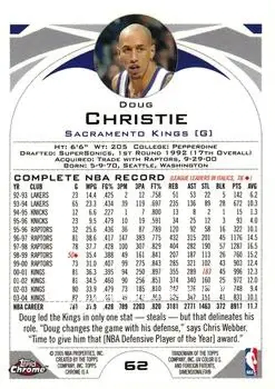 2004-05 Topps Chrome #62 - Doug Christie - Sacramento Kings - Back