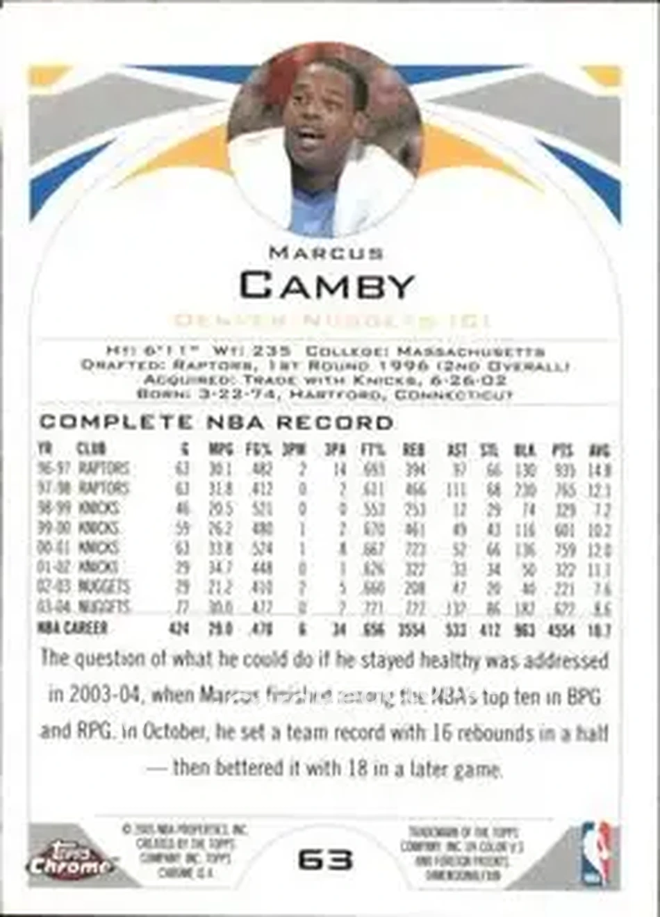 2004-05 Topps Chrome #63 - Marcus Camby - Denver Nuggets - Back