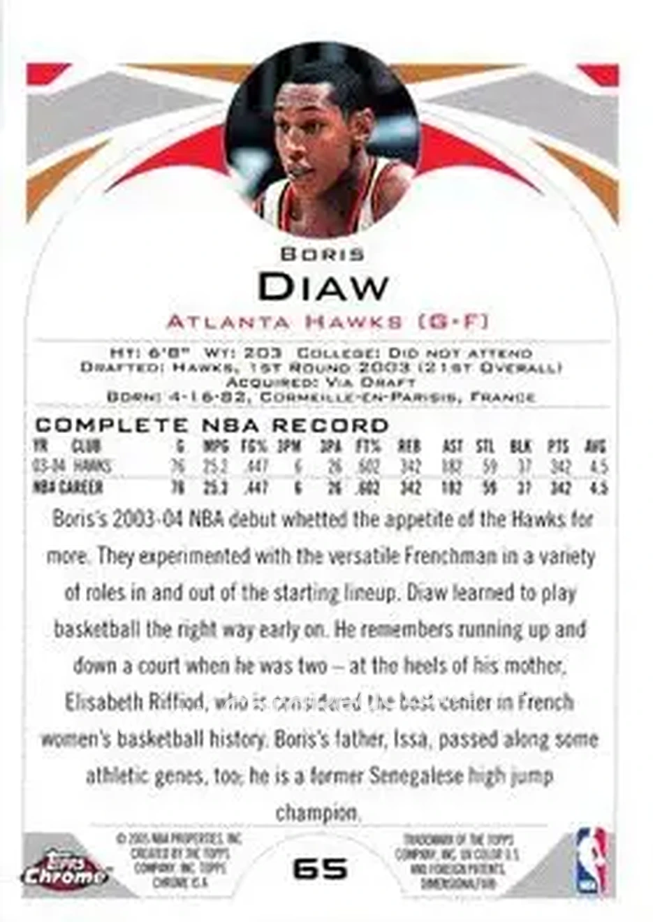 2004-05 Topps Chrome #65 - Boris Diaw - Atlanta Hawks - Back