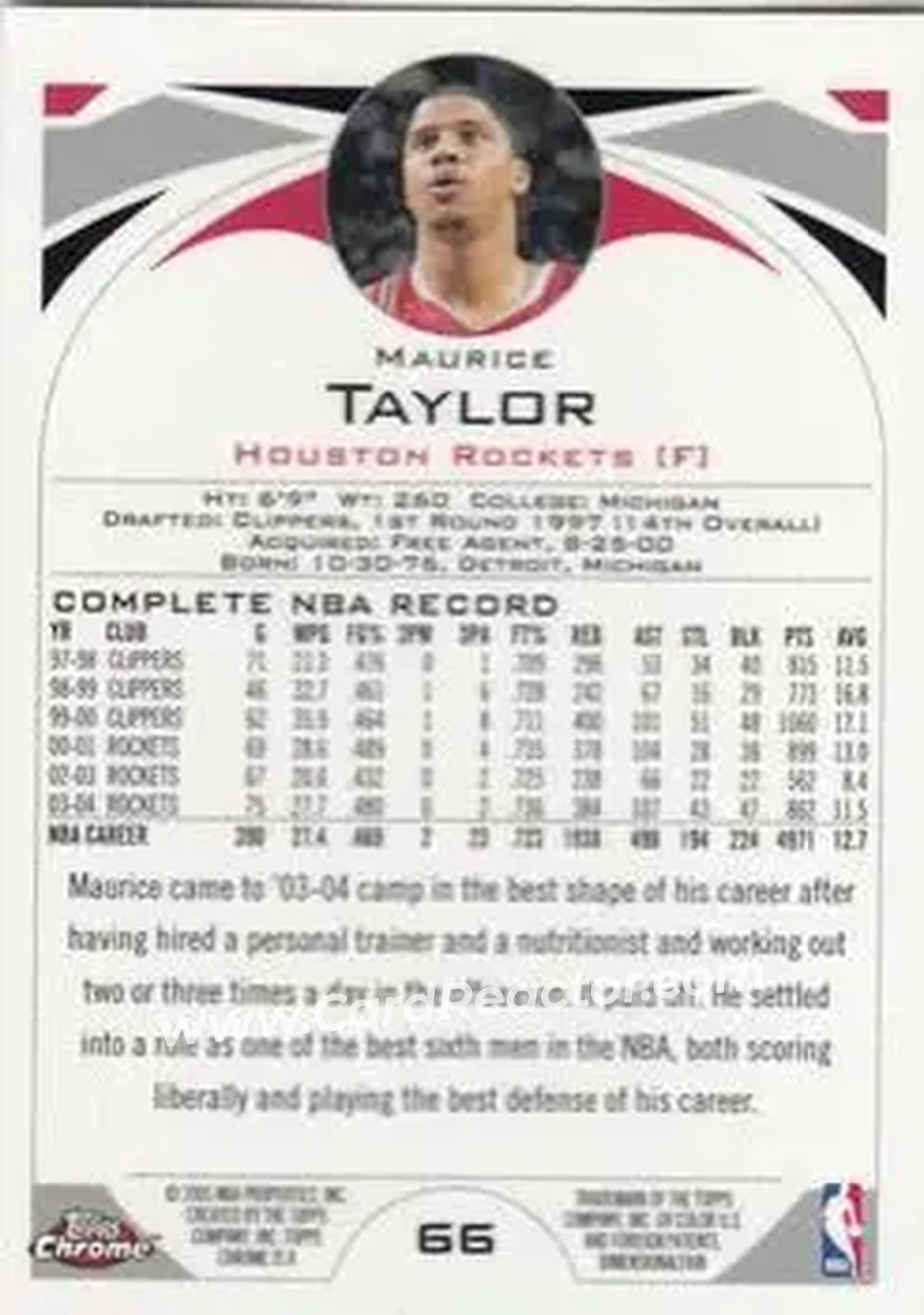 2004-05 Topps Chrome #66 - Maurice Taylor - Houston Rockets - Back