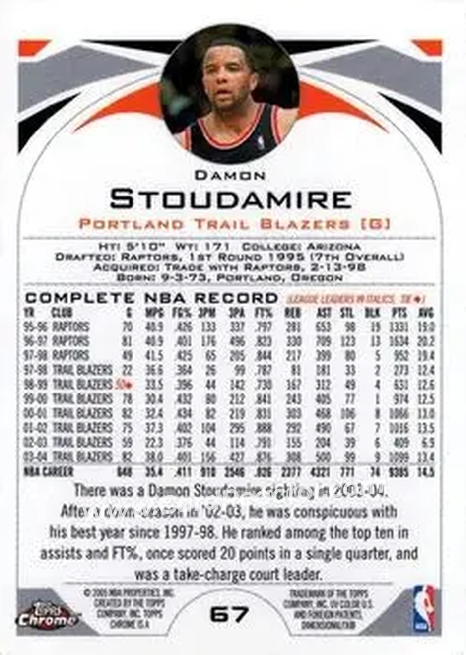2004-05 Topps Chrome #67 - Damon Stoudamire - Portland Trail Blazers - Back