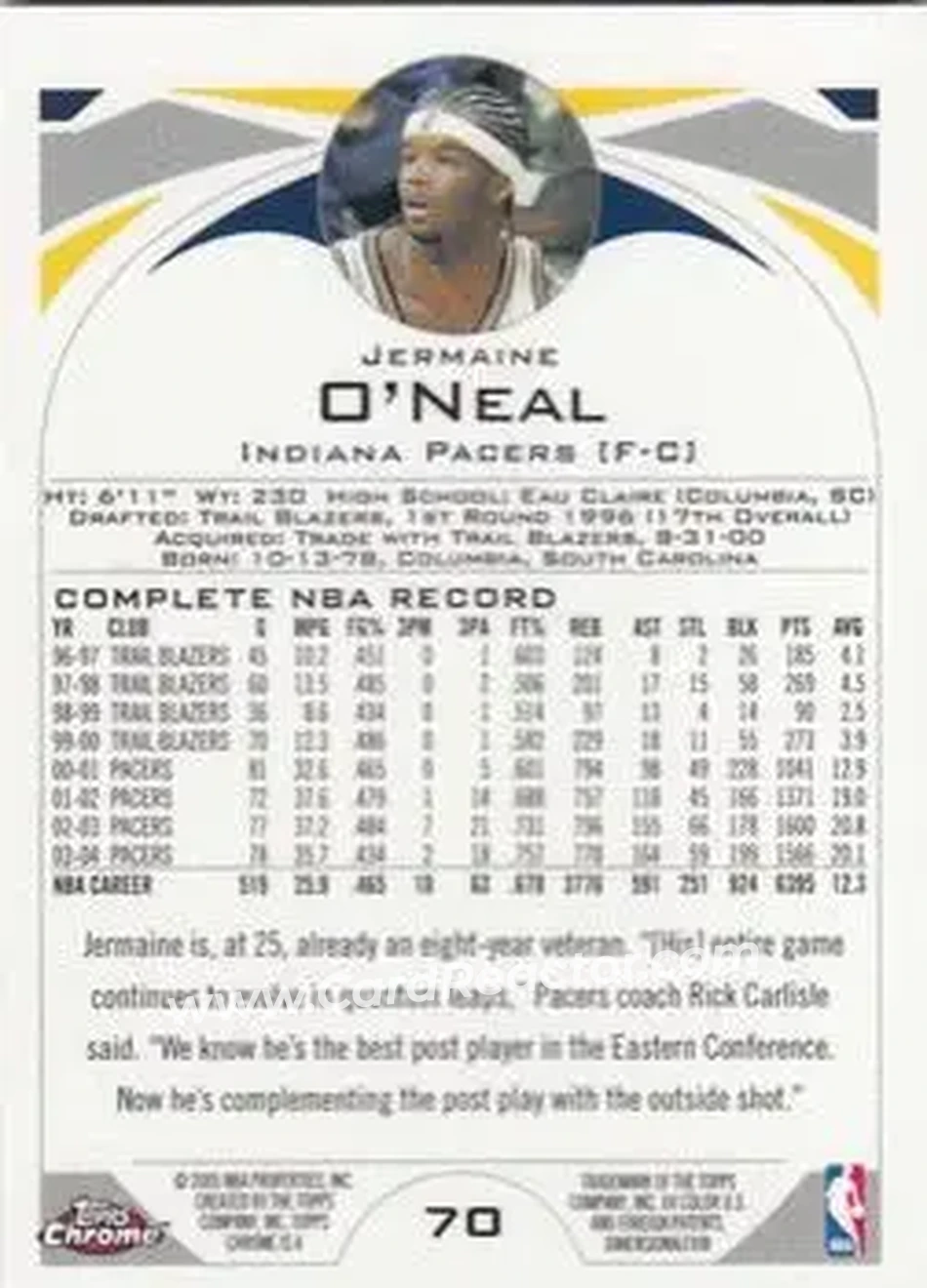 2004-05 Topps Chrome #70 - Jermaine O'Neal - Indiana Pacers - Back