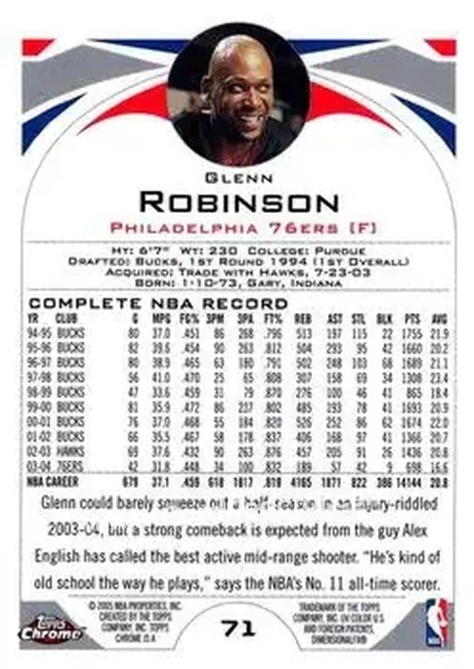 2004-05 Topps Chrome #71 - Glenn Robinson - Philadelphia 76ers - Back