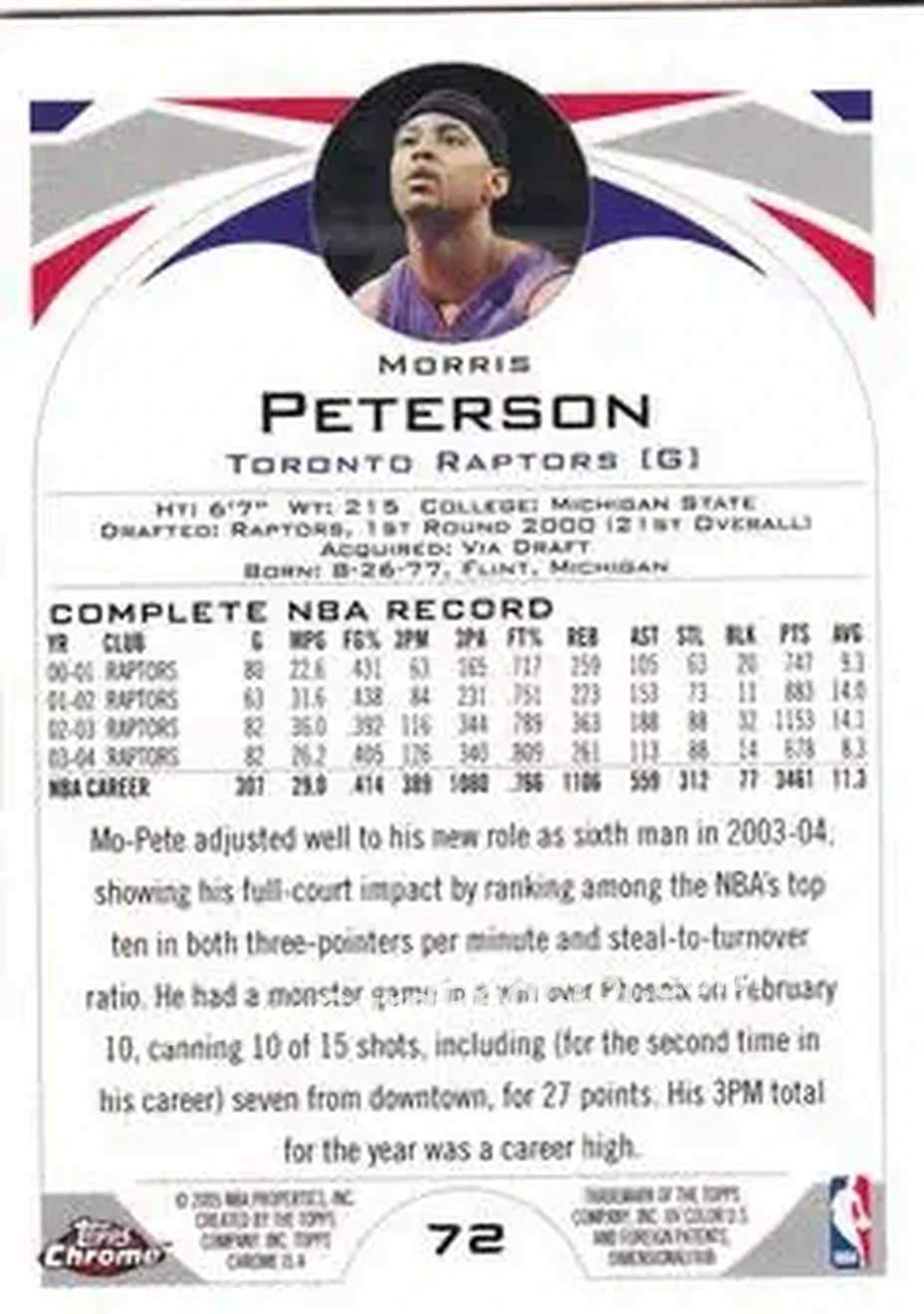 2004-05 Topps Chrome #72 - Morris Peterson - Toronto Raptors - Back