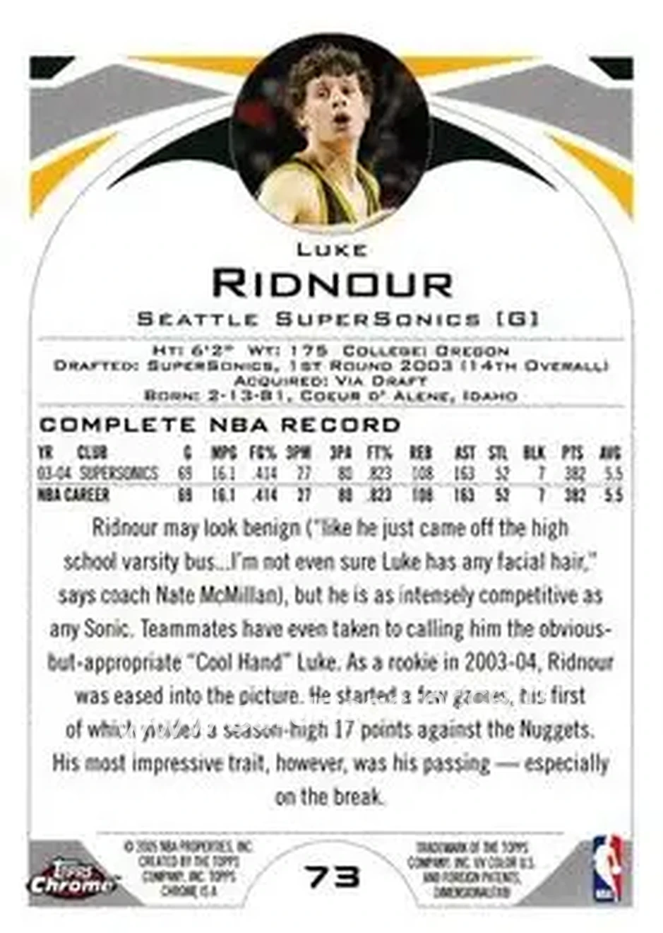 2004-05 Topps Chrome #73 - Luke Ridnour - Seattle SuperSonics - Back