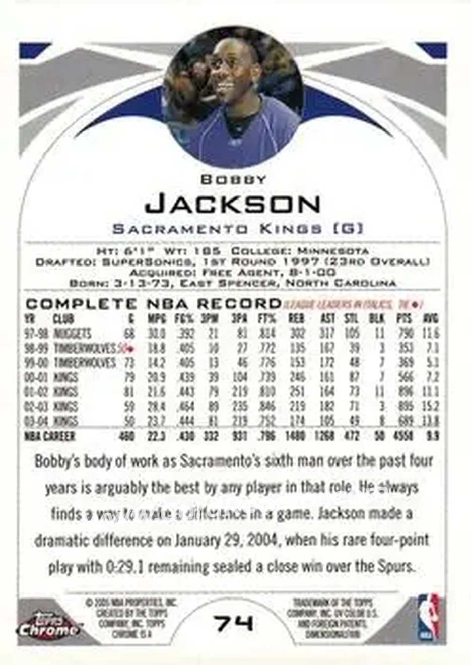 2004-05 Topps Chrome #74 - Bobby Jackson - Sacramento Kings - Back