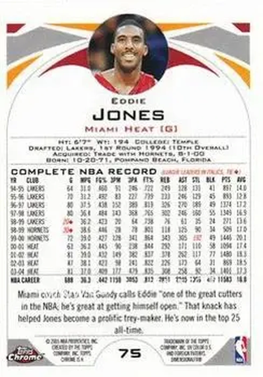 2004-05 Topps Chrome #75 - Eddie Jones - Miami Heat - Back
