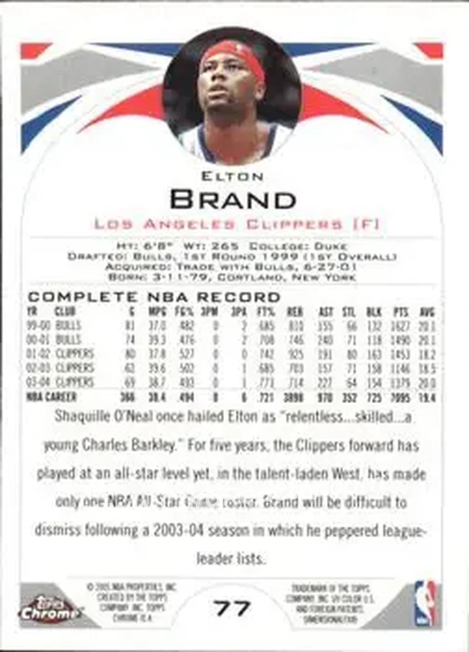 2004-05 Topps Chrome #77 - Elton Brand - Los Angeles Clippers - Back