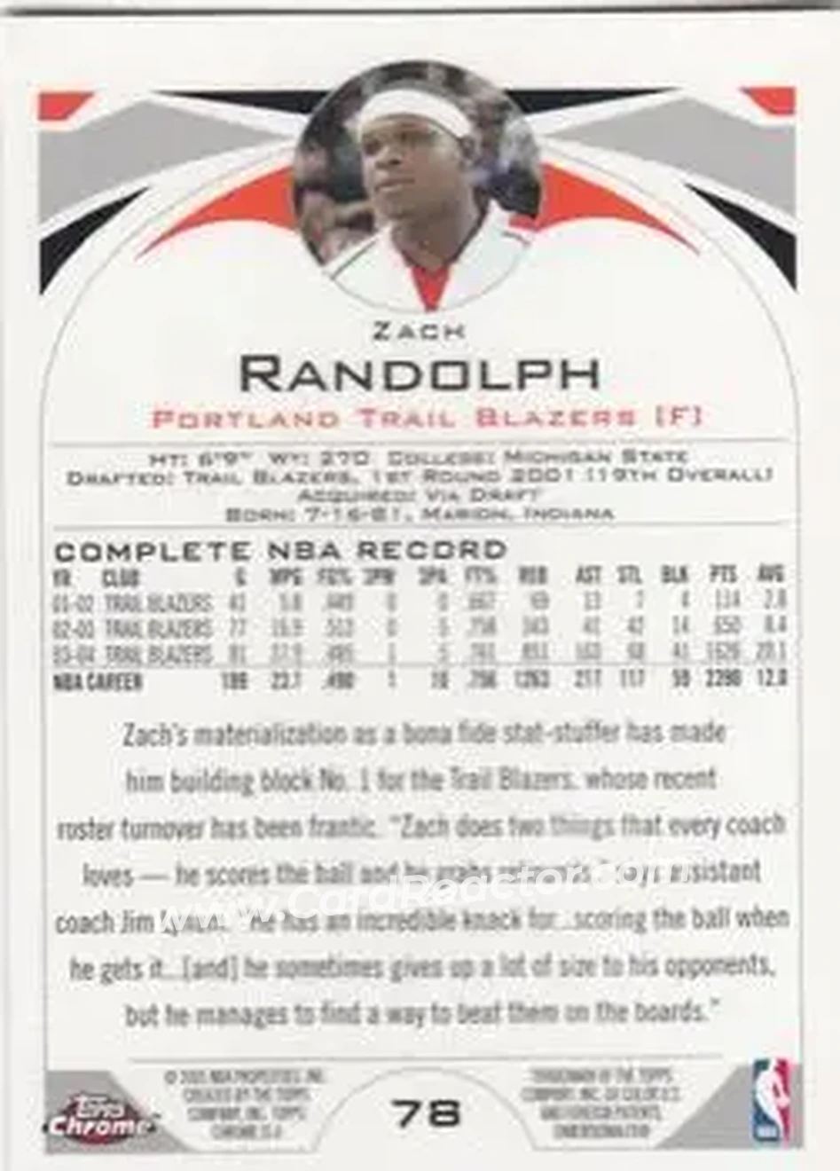 2004-05 Topps Chrome #78 - Zach Randolph - Portland Trail Blazers - Back
