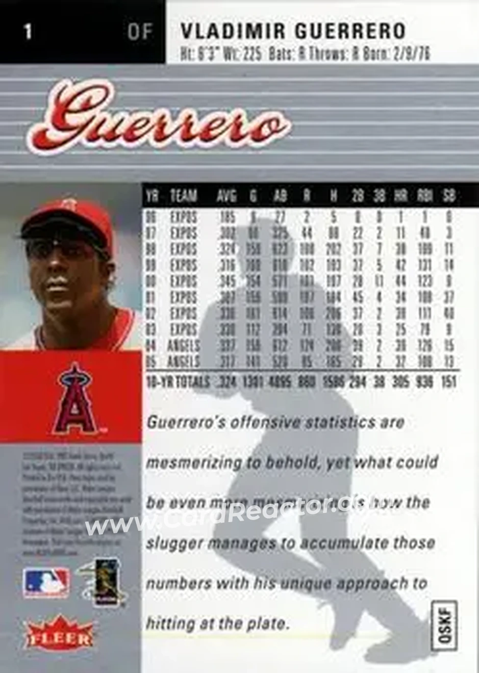 2006 Ultra #1 - Vladimir Guerrero - Los Angeles Angels - Back 2006 Ultra #1 - Vladimir Guerrero - Los Angeles Angels - Back