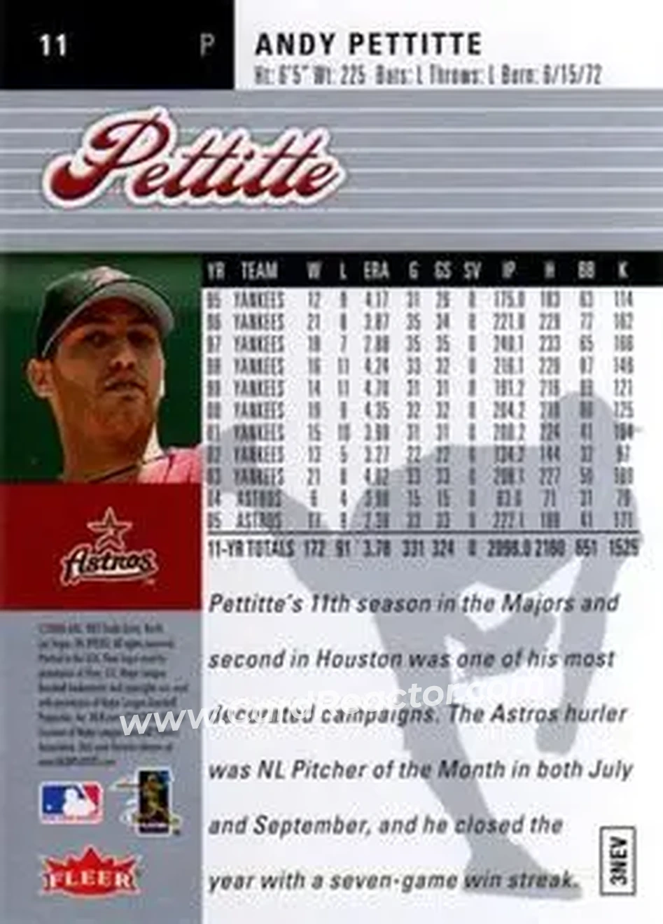 2006 Ultra #11 - Andy Pettitte - Houston Astros - Back 2006 Ultra #11 - Andy Pettitte - Houston Astros - Back