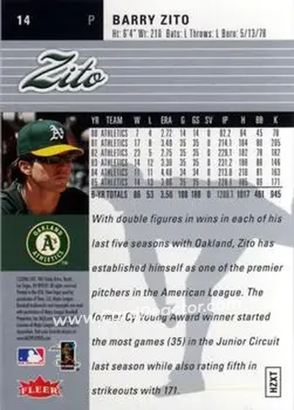 2006 Ultra #14 - Barry Zito - Oakland Athletics - Back 2006 Ultra #14 - Barry Zito - Oakland Athletics - Back