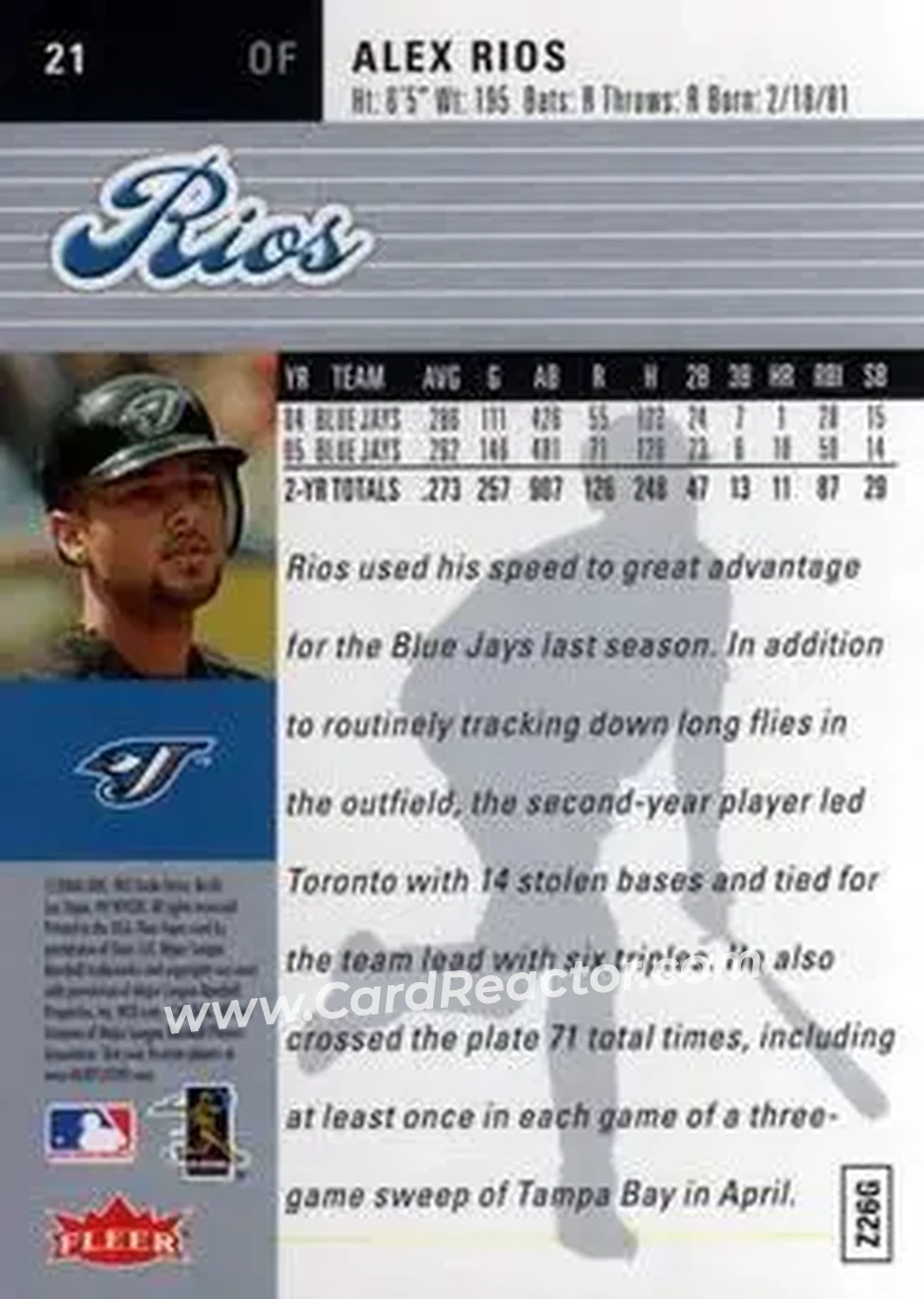 2006 Ultra #21 - Alex Rios - Toronto Blue Jays - Back