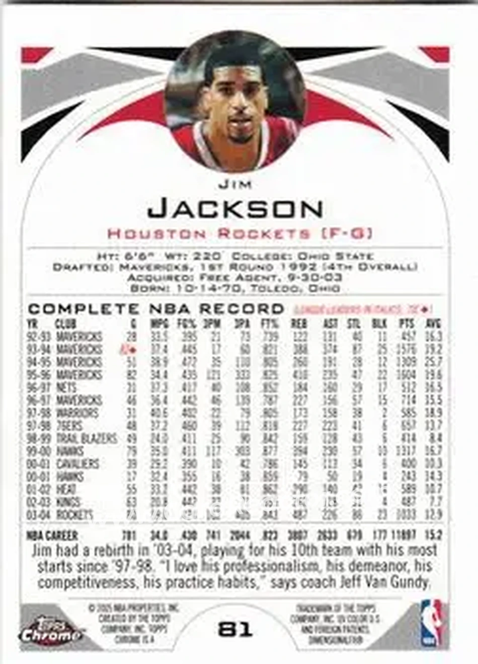 2004-05 Topps Chrome #81 - Jim Jackson - Houston Rockets - Back