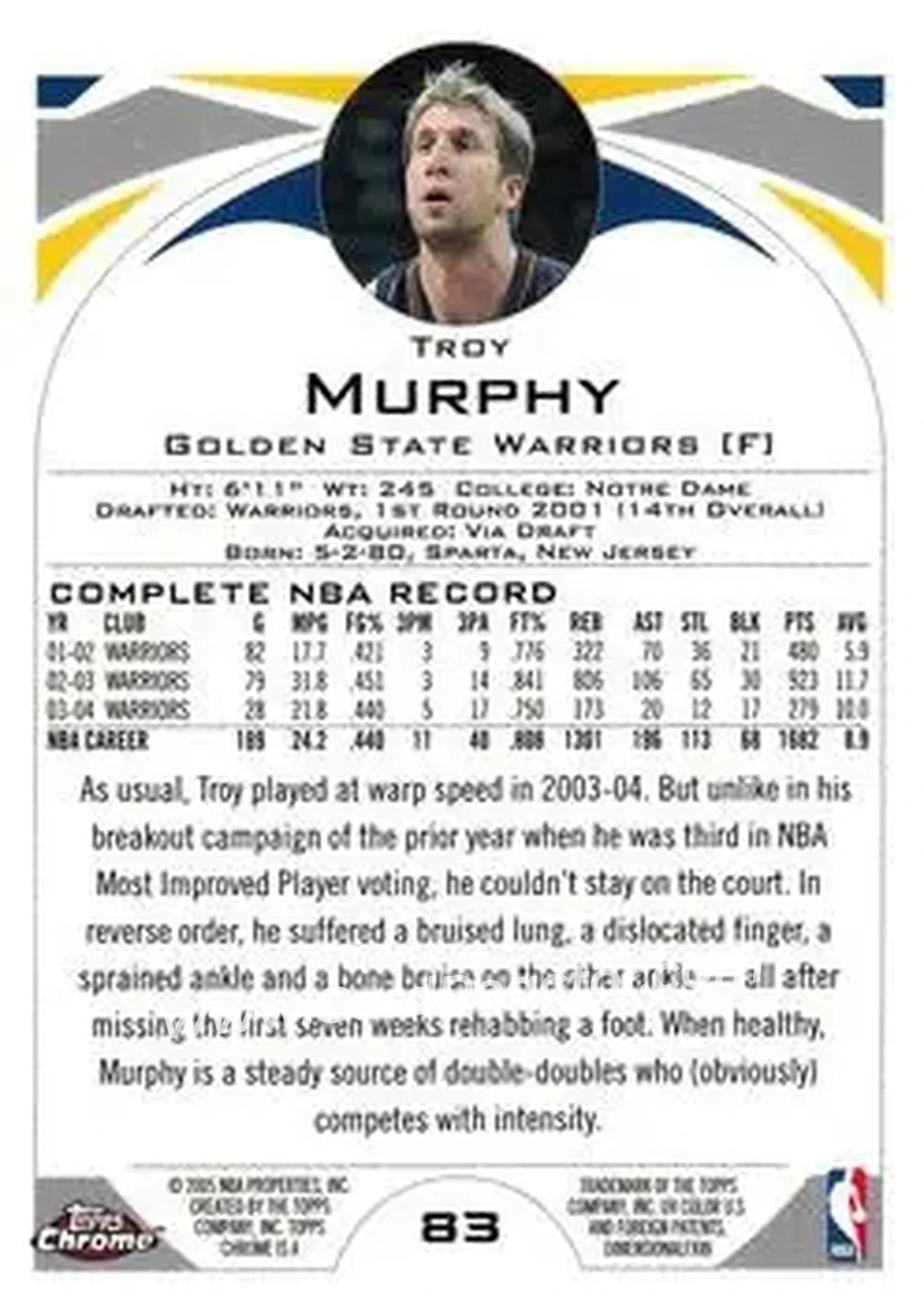 2004-05 Topps Chrome #83 - Troy Murphy - Golden State Warriors - Back