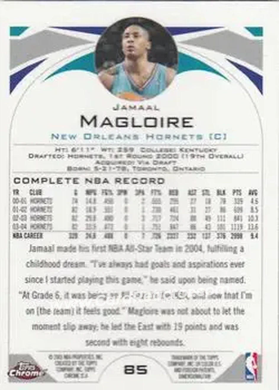 2004-05 Topps Chrome #85 - Jamaal Magloire - New Orleans Hornets - Back