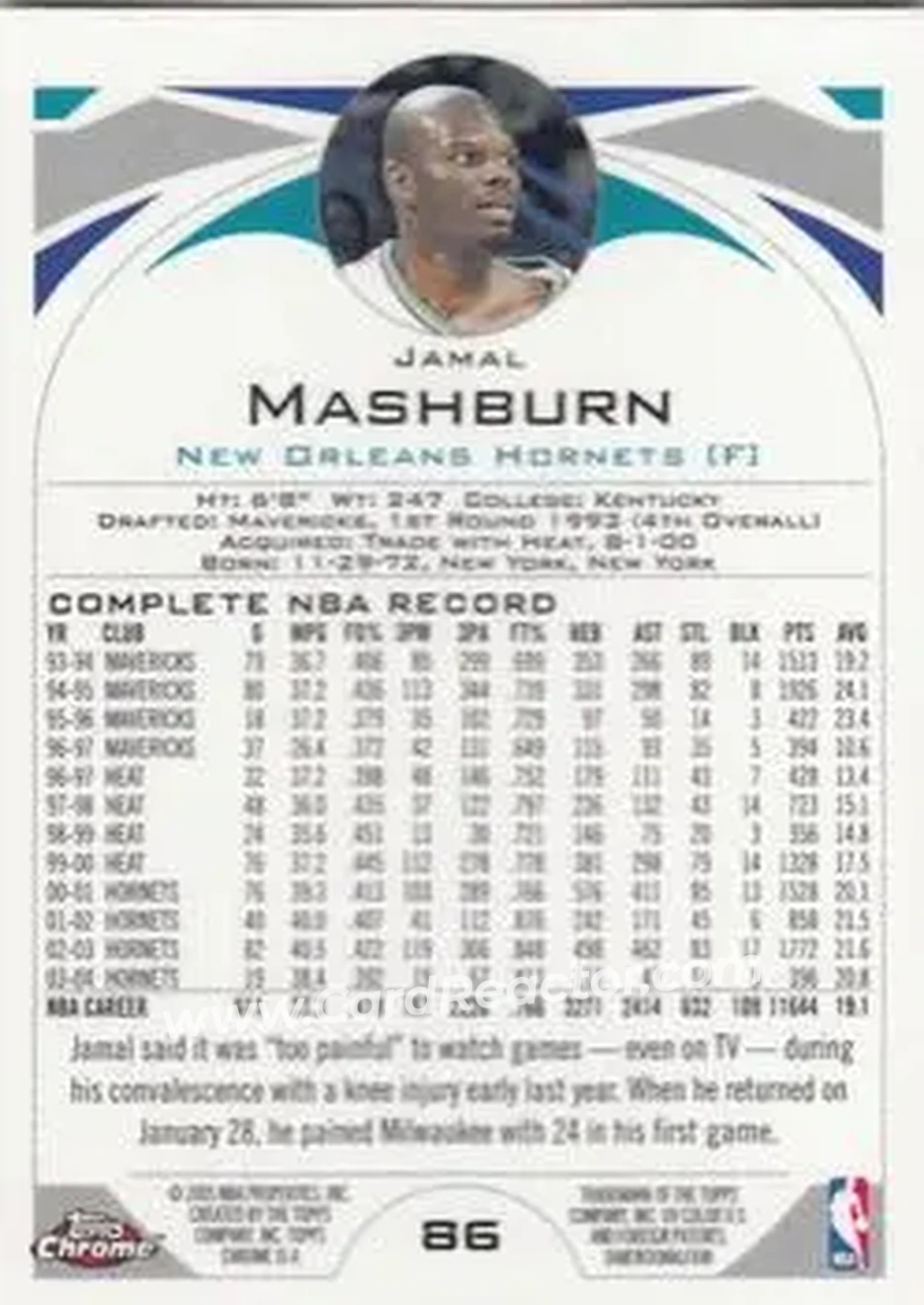 2004-05 Topps Chrome #86 - Jamal Mashburn - New Orleans Hornets - Back