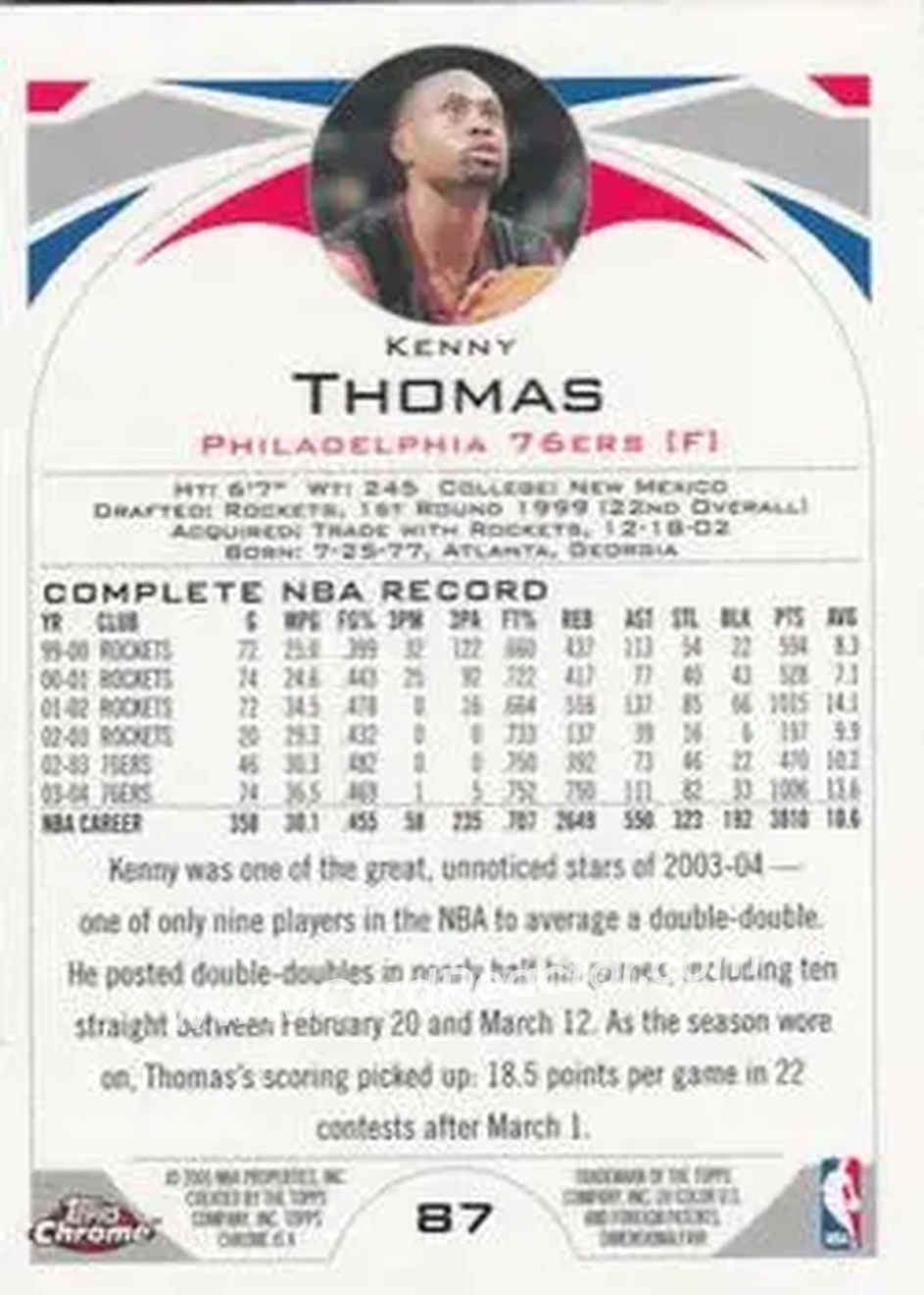 2004-05 Topps Chrome #87 - Kenny Thomas - Philadelphia 76ers - Back