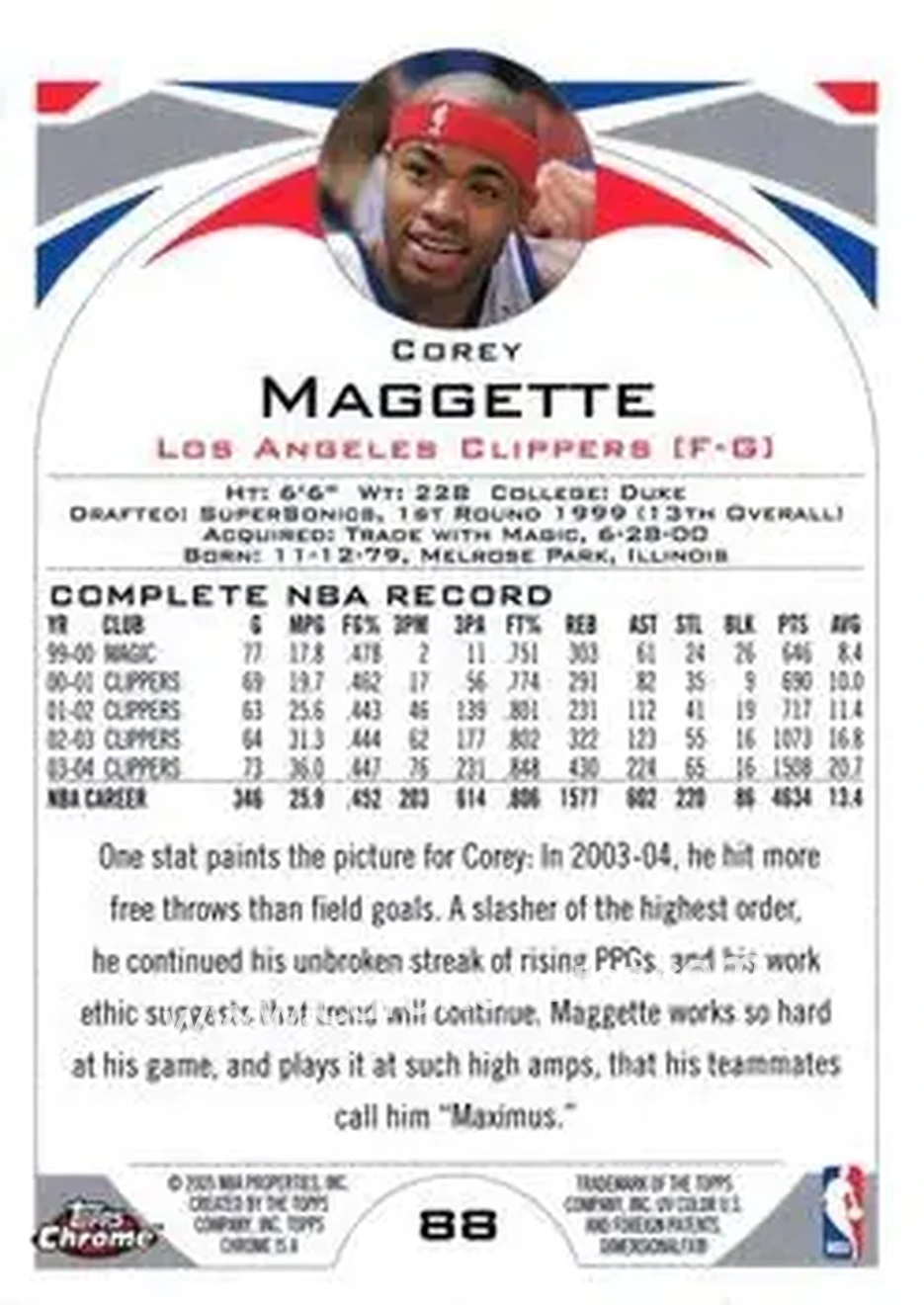 2004-05 Topps Chrome #88 - Corey Maggette - Los Angeles Clippers - Back