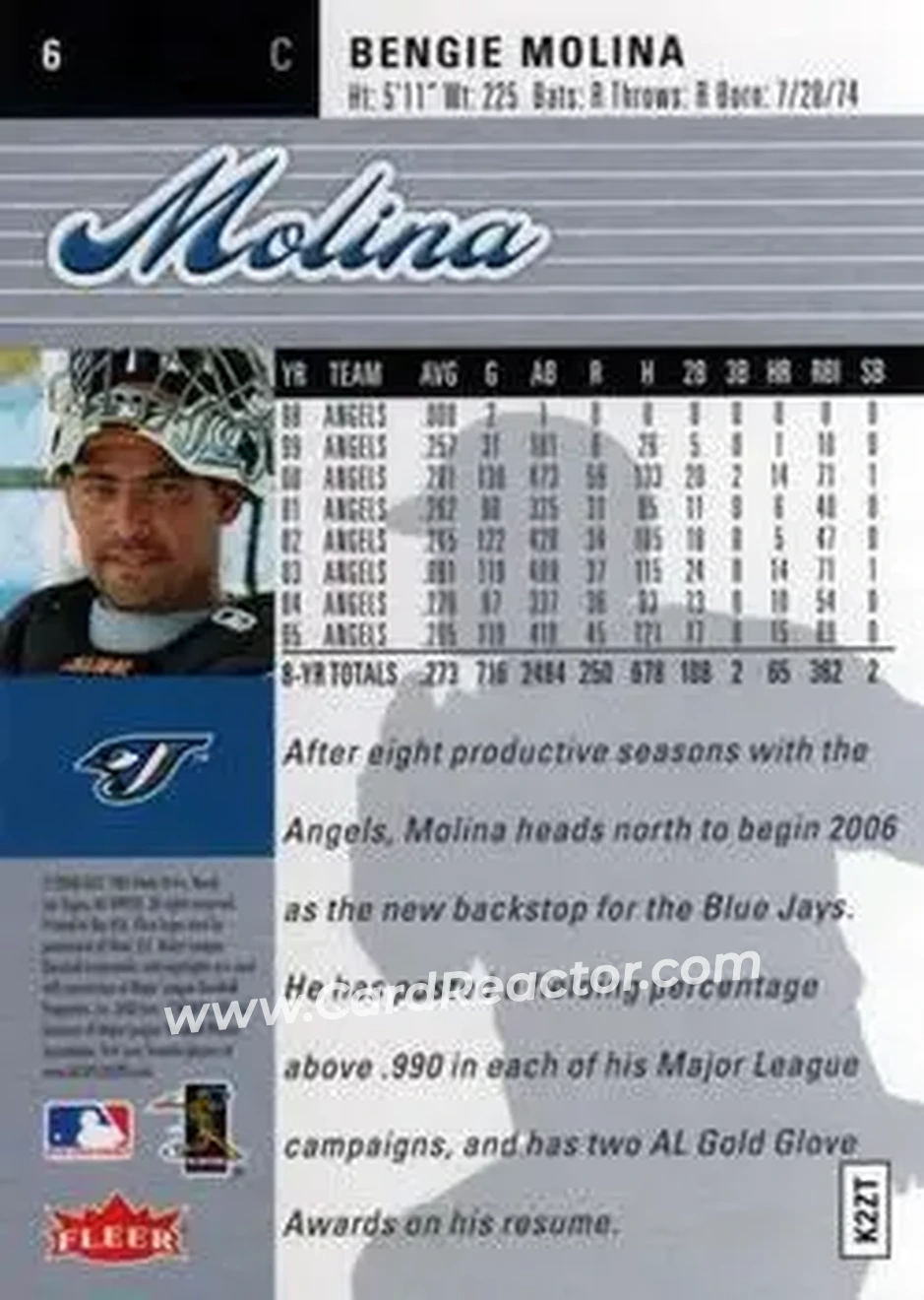 2006 Ultra #6 - Bengie Molina - Toronto Blue Jays - Back