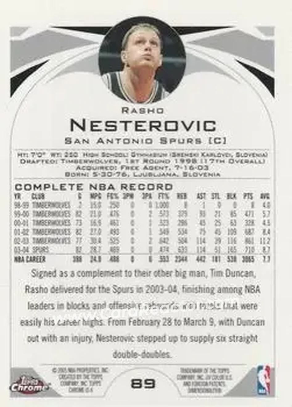 2004-05 Topps Chrome #89 - Rasho Nesterović - San Antonio Spurs - Back
