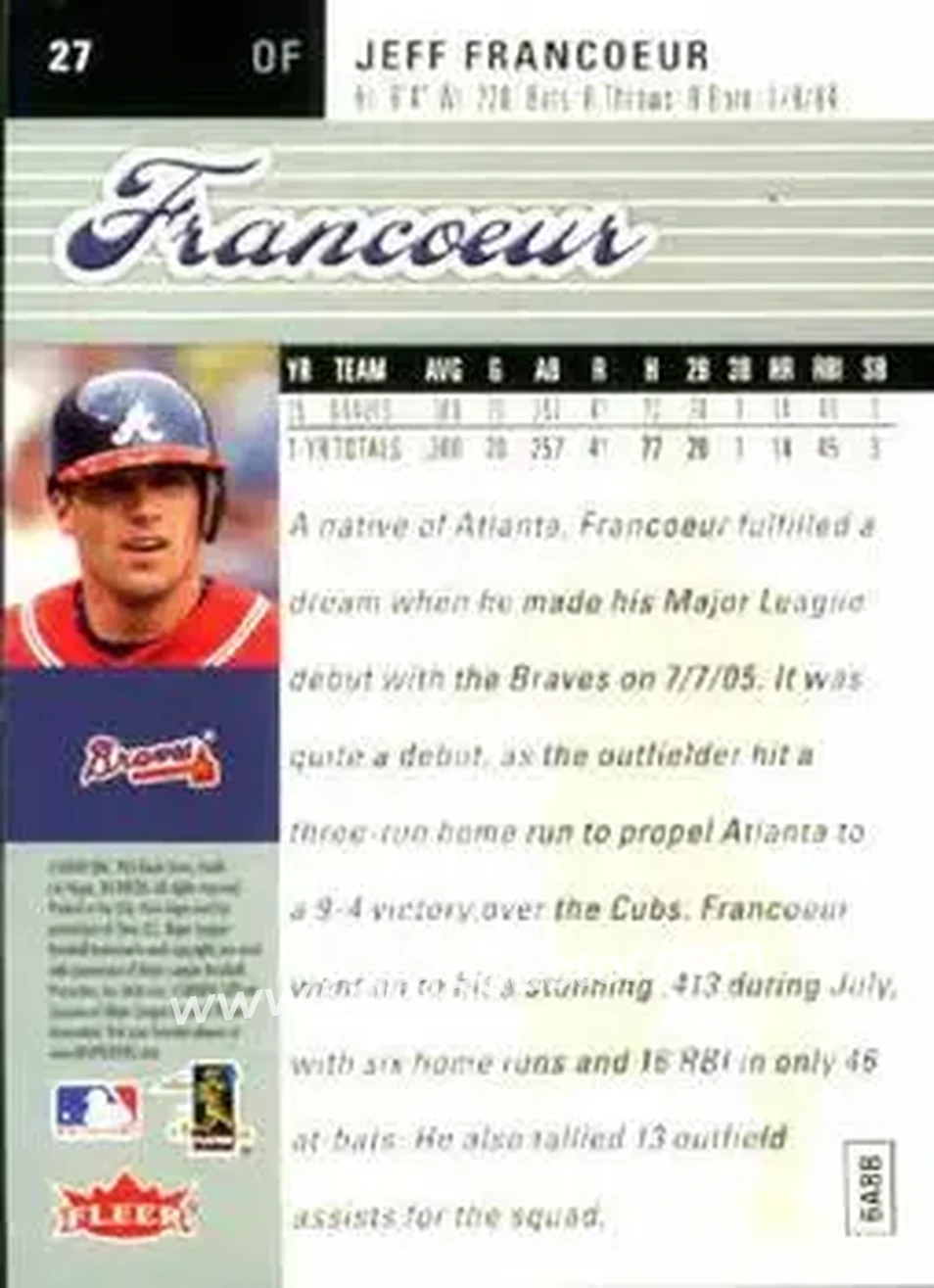 2006 Ultra #27 - Jeff Francoeur - Atlanta Braves - Back 2006 Ultra #27 - Jeff Francoeur - Atlanta Braves - Back