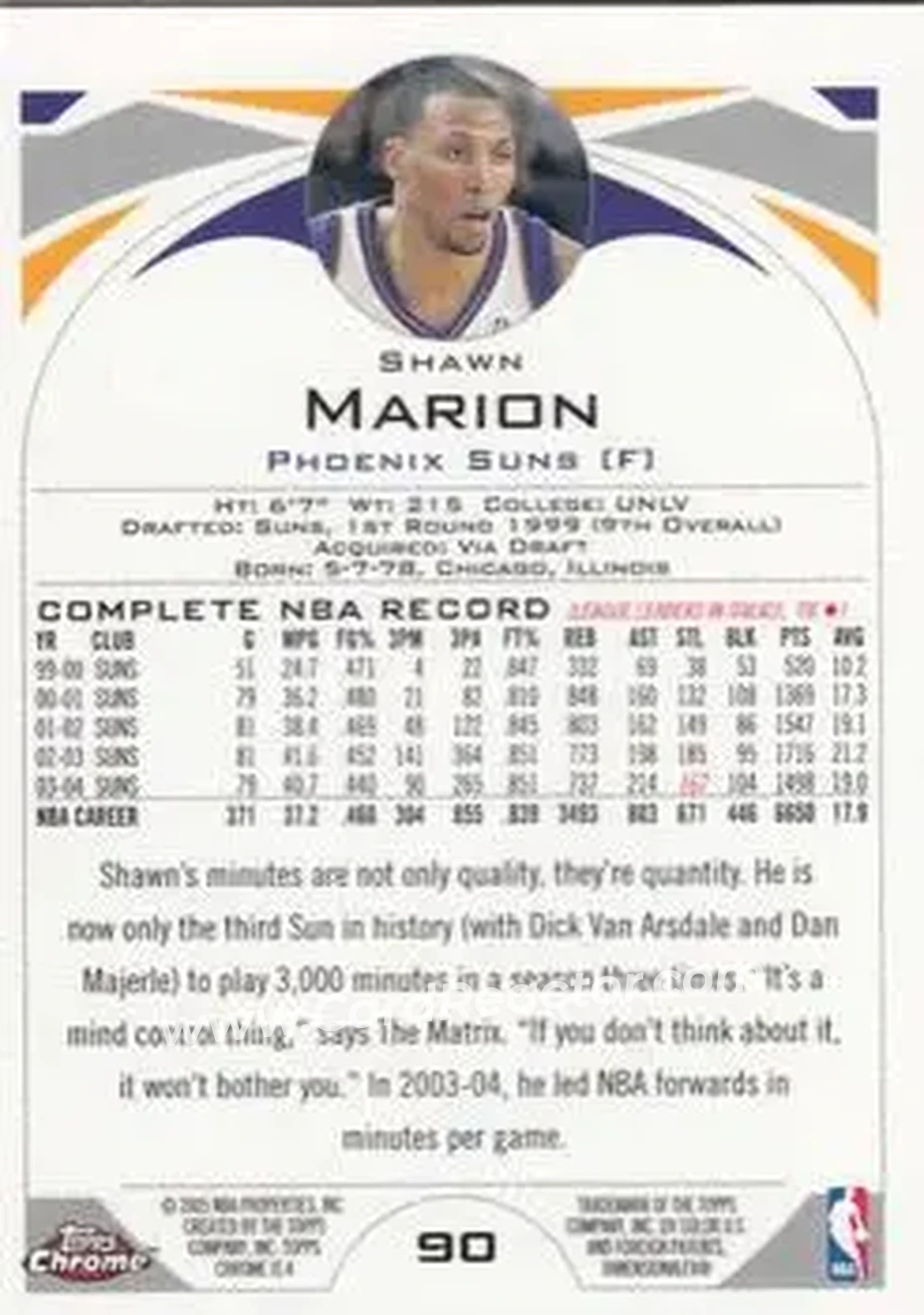 2004-05 Topps Chrome #90 - Shawn Marion - Phoenix Suns - Back